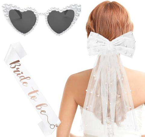3 Stück JGA Accessoires Frauen Schleier JGA Weiße, JGA Accessoires Frauen, Schleier, Bride to Be Schärpe, Herz Sonnenbrille Perle, JGA Deko für Junggesellenabschied Brautparty und Hochzeitsfotografie