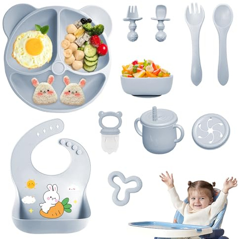 Guyisile Set Comida Bebé Silicone 11 piezas, cubiertos BLW & sin BPA | Plato, cuenco, babero, cubiertos, vasito – ideal para alimentación complementaria y Baby Led Weaning