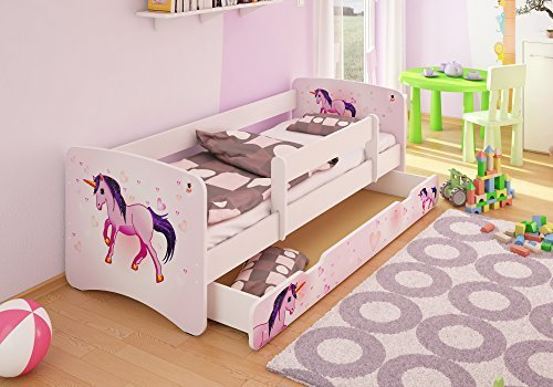 Best For Kids Kinderbett 80x160 mit Rausfallschutz + Schublade 44 Designs (Unicorn)