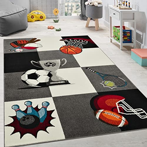 Paco Home Kinderteppich Pokal Basketball Fussball Kinder Teppich Tennis Karo Grau Creme, Grösse:160x220 cm