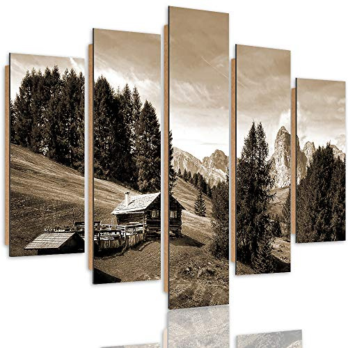 Feeby Wandbild Berge 150x100 cm Deco Panel 5 Teilig XXL Kunstdruck Hütte Bäume Sepia
