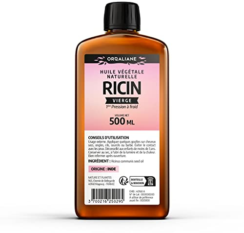 Huile de Ricin 500 ml - Orgaliane - Pure et Naturelle - Barbe, Cheveux, Cils, Ongles, Peau.