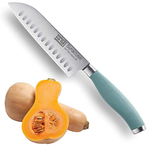 Taylors Eye Witness Syracuse Oriental Santoku Kitchen Knife - Professional 13cm/5 Cutting Edge, Multi Use. Ultra Fine Blade, Precision Ground Razor Sharp. Soft Textured Grip. Aqua Blue Handle.