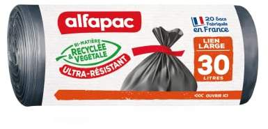 alfapac- 20 sacs-poubelle 30L à lien large ultra-resistant - fabriqués en France - bi-matière recyclée & végétale, Noir