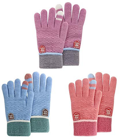 ORVINNER Lot de 3 paires de gants d'hiver chauds doublés de laine pour enfants - Moufles thermiques tricotées, Lot A2 - Rose/bleu ciel/violet, 4-12 T