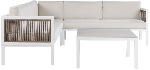 Garten Set weiß 4-Sitzer Ecksofa linksseitig mit Couchtisch Kissen beige Borello