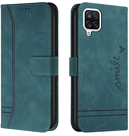 Trugox Handyhülle für Samsung Galaxy A12 / A12 Nacho 2021 / M12 Hülle Klappbar Klapphülle mit Kartenfach Handytasche Handy Schutzhülle Tasche Leder Wallet Flip Case Slim Book Cover - Blau Grün