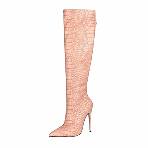 Stivali da Donna Tacco Alto 12 CM/4.72IN Tacco A Spillo Stivali Alti alla Coscia Sexy Stivali da Uomo in Pelle Elasticizzata con Coscia Alta,Beige,37 EU