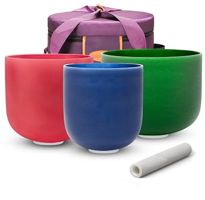 TOPFUND (6A +7F+8C) Chakra Set of 3 Pcs Colored Crystal Singing Bowls with Heavy Duty Carrying Case