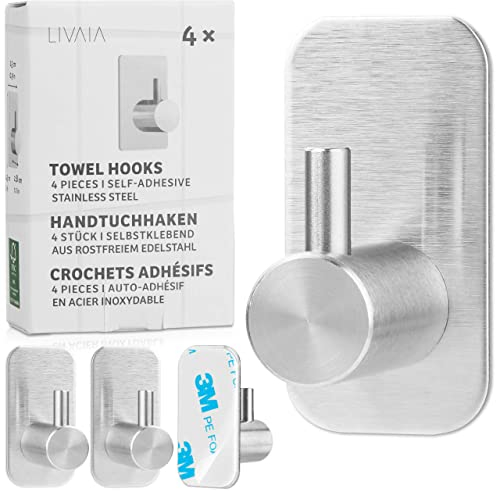 LIVAIA Colgador de puerta adhesivo: 4 percheros para toallas de acero inoxidable, perchas de baño, colgadores de pared, sin taladro, ganchos para llaves