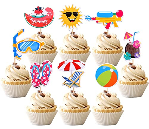 Xsstarmi 32 PCS Summer Beach Pool Cupcake Toppers Watermelon Coconut Ball Sun Umbrella Diving Goggles Water Gun Slippers Cupcake Picks Cake for Hawaii Beach Pool Theme Baby Shower Birthday Party