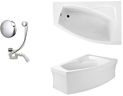 VBChome Badewanne Rechts 140x80 cm Acryl SET Schürze Siphon Wanne Ecke Eckbadewanne Weiß Design Modern Ablaufgarnitur Wanne Rechts Schürze Ablaufgarnitur Füße