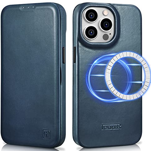 ICARER Leather Case for iPhone 14 Pro, 100% Genuine Vintage Leather Flip Case with Card Slot, Magnetic Flip Wallet Cover Compatible with Mag-Safe and Wireless Charging for iPhone 14 Pro 6.1 inch-Blue