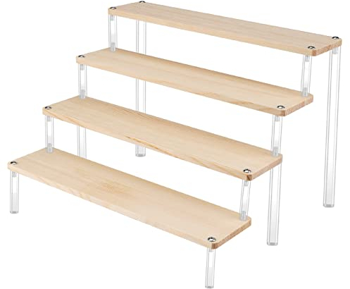 Venga amigos Legno Display Riser Rack 4 Strati Espositore Acrilico Trasparente Alzata per Cupcake Espositore Scaffale in Legno per Torte Trucco Profumi Oggetti da Collezione Rossetto 30 x 8 cm