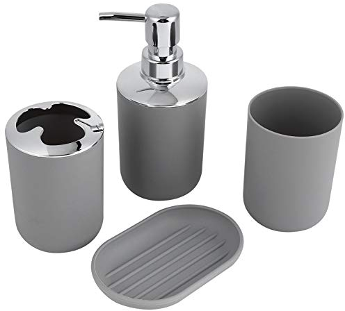 Kit de Salle de Bain Accessoire 4 pièces Ensemble en Plastique comptoir vanité Kit Bouteille Lotion Stockage Tasse rincer Tasse Porte-Savon hôtel Salle Bain Organisateur décoration(Gris)