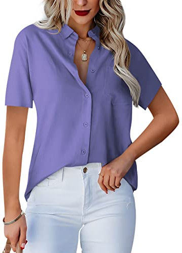Homlan - Camicia da Donna con Scollo a V, a Maniche Corte, Elegante e Casual, con Bottoni, in Tinta Unita e con Tasca sul Petto, Viola., XL
