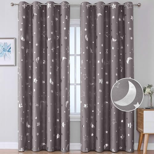 Freyamy Vorhang Blickdicht Grau Mond Sternenvorhänge 2 Stück,230x170cm (HxB) Niedliche Vorhänge mit Ösen Lichtundurchlässig thermovorhang kälteschutz Gardinen Lärmschutz für Kindervorhänge