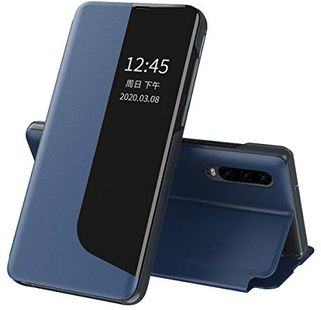 QIWEIQING Compatible with Huawei P30 Pro Shell Case, Bookstyle Clear View Window Flip Foldable Kickstand PC Shell PU Leather Shockproof Magnetic Flip Cover for Huawei P30 Pro Case. Blue QH3