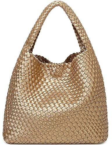 Queenoris, Borsa da donna in tessuto, alla moda, con manico superiore, morbida borsa a tracolla estiva, tote bag stile hobo, dorato