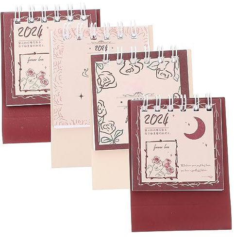 MAGICLULU 4 Stück Kalender-tischdekoration Schreibtisch-stehkalender-dekoration 12-monats-kalender Standkalender 2024 Zarter Tischkalender Tageskalender 2024 Mini Büro Rote Rose Papier