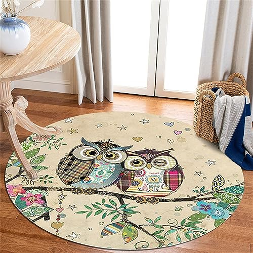 Highdi Teppich Rund rutschfest Schlafzimmer Teppiche, Kreativ Tier Drucken Innenbereich Polyester Runder Teppich fürs Wohnzimmer, Flur, Modern Kinderzimmer, Büro (100cm,Eule)