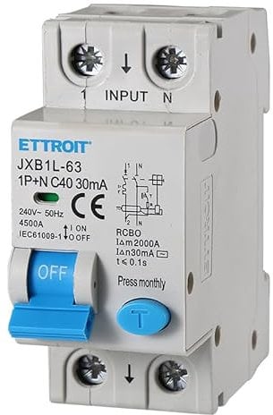 ETTROIT INTERRUTTORE MAGNETOTERMICO DIFFERENZIALE SALVAVITA PER BARRA DIN 2 MODULI 1P+N 40A C40 240V 30mA 4.5KA