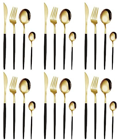 Couverts de Table en Acier Inoxydable, Lot de 24 Ensemble d'ustensiles Avec Couteau à Steak, Fourchette et Cuillère, Set de Couverts pour 6 Personnes avec Boîte, Cadeau de Noël (Or Noir)
