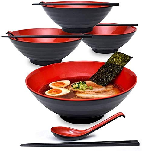 4 Sets (12 Pieces) Large Japanese Soup Bowl Melamine Hard Plastic Crockery Ramen Bowl Set with Matching Spoon and Chopsticks for Udon Soba Pho Asian Noodles, Black, 9 Inches, Red