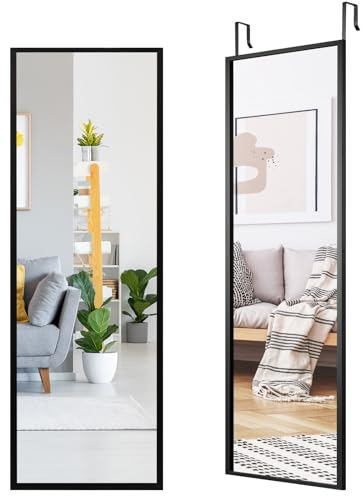 HOMASIS Wandspiegel groß 35,5x108cm, Spiegel mit 2 Haken höhenverstellbar, Ganzkörperspiegel aus Bruchsicherem Glas, Türspiegel mit Metallrahmen, für Schlafzimmer, Wohnzimmer & Flur (Schwarz)