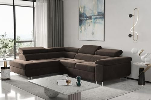 Kaiser Möbel, Ecksofa mit schlaffunktion, mit Bettkasten, Schlafsofa Atom Lux, Designer Sofa, Modern Design Couch, Polsterecke, Freistehend, Stoff Monolith Klasse A, Dunkelbraun Links