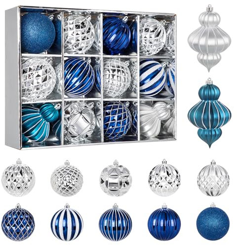 Hollyone 10CM 16CM Large Christmas Baubles, 12PCS Blue and Silver Baubles for Xmas Tree Decorations, Giant Christmas Balls Xmas Hanging Ornaments for Wedding Party Table Tree Decor