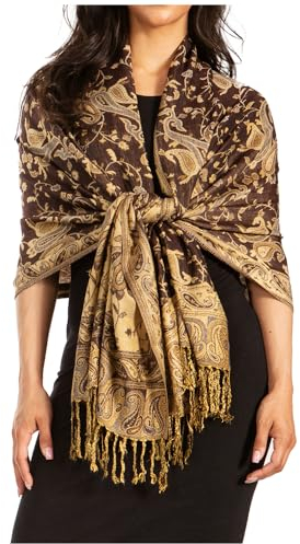 Sakkas Soft Seidiger doppellagiger Jacquard-Paisley-Pashmina-Schal/Wickeltuch/Schal - Schwarz/Gold