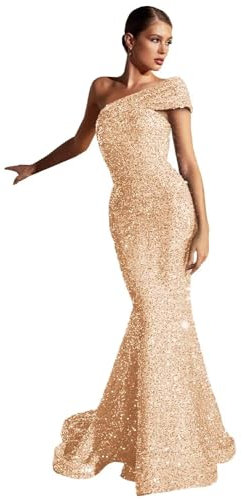 Women's Sparkly Sequin Prom Dresses Long Glitter Mermaid Ball Gown One Shoulder Formal Evening Party Gowns Rose Gold 3XL