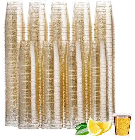 MATANA 300 Verres à Shot Réutilisables en Plastique Transparent avec Paillettes Dorées, 30ml - Verres à Shooter Solides pour Fêtes, Mariages Anniversaires, Dégustation