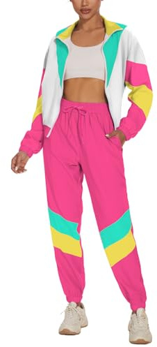 UOUA Frauen Farbe Block 2 Stück 80er 90er Outfits Langärmel Windbreaker Jacke Trainingsanzug Set Rosa Weiß M