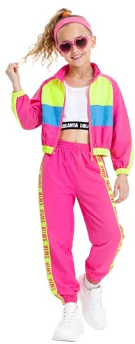 LOLANTA Ensemble de 3 vêtements hip-hop pour filles, survêtement rétro colorblock des années 80, débardeur court, veste zippée, pantalon de jogging, rose vif, 8-9 ans, 140