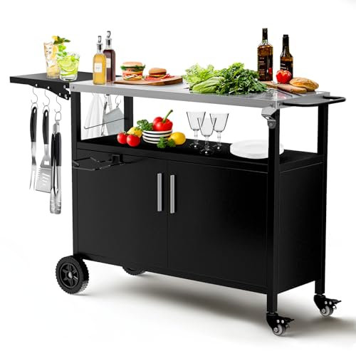 LotFun Carrello per barbecue da esterno con contenitore, tavolo mobile con ruote, ganci e portaspezie, patio, cucina, isola all'aperto, per feste in casa, barbecue, bar