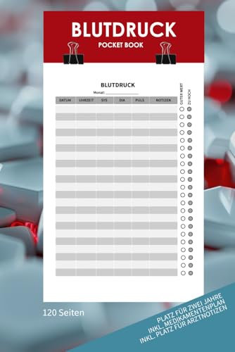 Blutdruck Pocket Book | Din A5 | Blutdruck Tagebuch zum täglichen Eintragen | für 24 Monate | deine Blutdruckwerte auf einen Blick | Übersichtlich mit ... Medikamente und Arztgespräche | Cover: Red