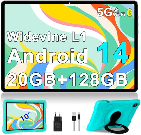 Tablet 10 Pulgadas para Niños Android 14 con 20GB RAM+128GB ROM (TF 1TB), Octa-Core, Widevine L1, 5G WiFi 6, Bluetooth 5.0, Control Parental, 1280 * 800 FHD IPS, 5MP+5MP, Niños Space Funda EVA - Verde
