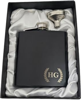 Personalised Hip Flask with Your Name or Initials + Gift Box, Laser Engraved Stainless Steel 6oz Flask and Silk Lined Box. (StyleA)