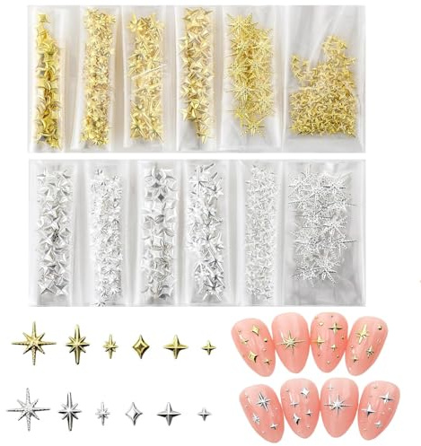 Yamobi 400 pieces 3D nail charms gold silver, star moon nail charms glitter stones for nails, metallic star rhinestones, DIY nail decoration, manicure accessories
