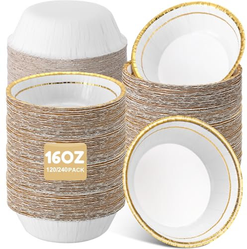 Newtay 240 Pcs 16 oz Paper Bowls with Gold Rim,Disposable Paper Bowls for Snacks,Dessert.Soak Proof and Cut Proof Heavy Duty Gold Rim Disposable Bowl for Birthday Weddings Parties
