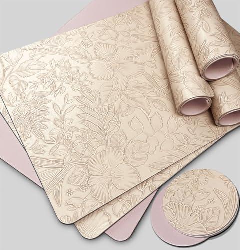 Tischsets aus Kunststoff mit Reliefartigem Blumenmuster, Leicht zu Reinigen Platzsets Florale Muster, PVC Platzdeckchen Abwaschbar 6er Sets mit Untersetzer, rutschfest-Wasserdicht-Hitzebeständig Rosa