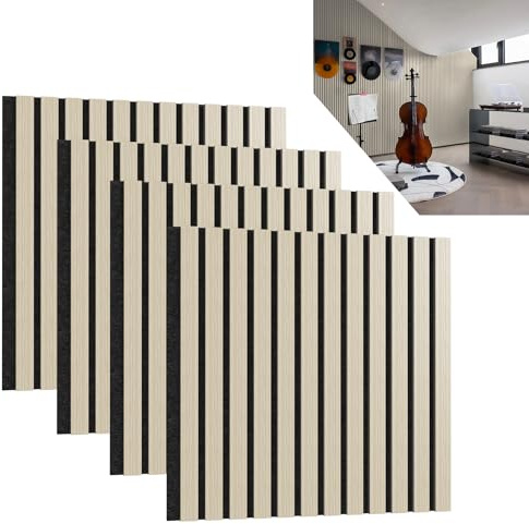 ACXIN Lot de 4 panneaux acoustiques 3D en bois de chêne véritable - Placage en bois de chêne véritable sur feutre acoustique - 60 x 60 cm - Panneaux muraux à lamelles - Revêtement mural - Pour