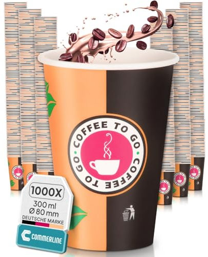 Commerline Kaffeebecher To Go Pappe – 1000 Stück, 300 ml (12 oz) Slim Ø 80 cm | Einweg-Pappbecher für Kaffee & Tee | Einwegbecher zum Mitnehmen | Papierbecher Für Heiß- & Kaltgetränke | Kaffeetasse