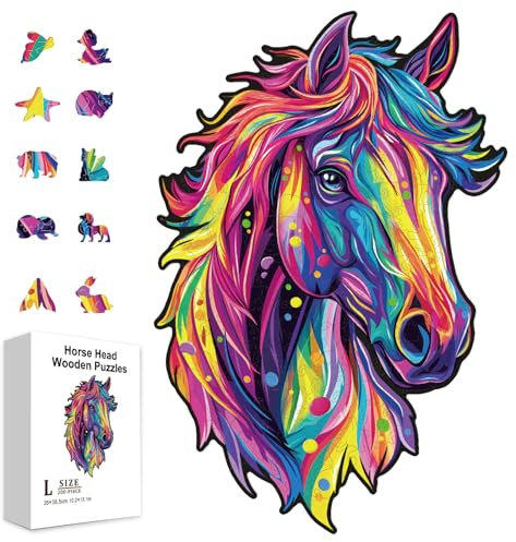 GLOBLELAND 200Pcs Colorful Horse Head Wooden Jigsaw Puzzles for Adult Colorful Animal Horse Jigsaw Puzzles for Adults Birthday Gifts Anniversary