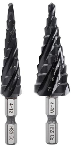 Rarapop M35 Cobalt HSS Step Drill Bit Set, Four Spiral Flute Step Drill Bit, Wear-Resistant TiALN Coated, 1/4 Hex Shank for Hard Metal, Carbon Steel, Stainless Steel, Wood, Plastic (2-Piece Set)