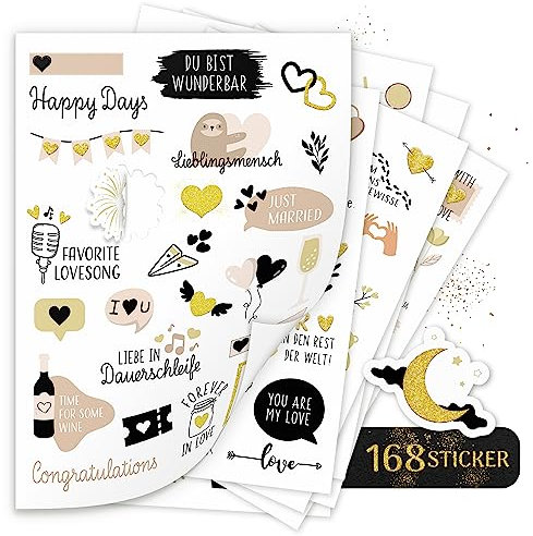 AMARI ® - Sticker Hochzeit [168 Motive] - Veredelte Aufkleber für Gästebuch Hochzeit - Deko Sticker Fotoalbum, Hochzeitssticker, Wedding, Fotoaufgaben, Aufkleber, Heiraten