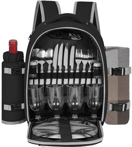 FREEAMG Picknick-Rucksack für 4 Personen, mit Kühlfach, isoliert und wasserdicht, Picknicktasche mit Set und Decke, für Strand, Camping, Wandern (schwarz)