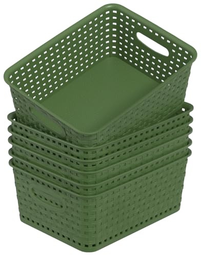 Tyminin 6-Pack Rectangular Weave Storage Baskets, Desktop Organizer Basket, Plastic Storage Baskets for Shelves, Green